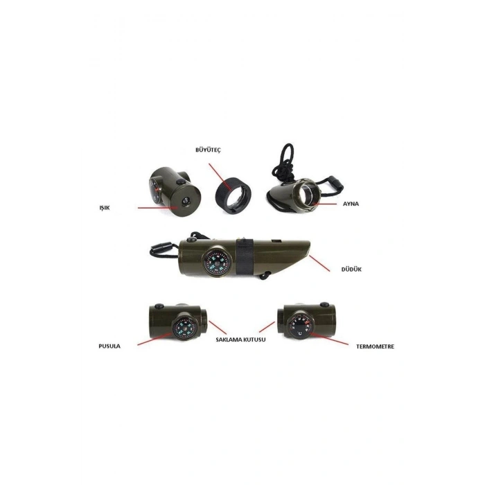 Pusulalı Fenerli Termometre Mercek Taktikal Düdük 7 Fonksiyonlu