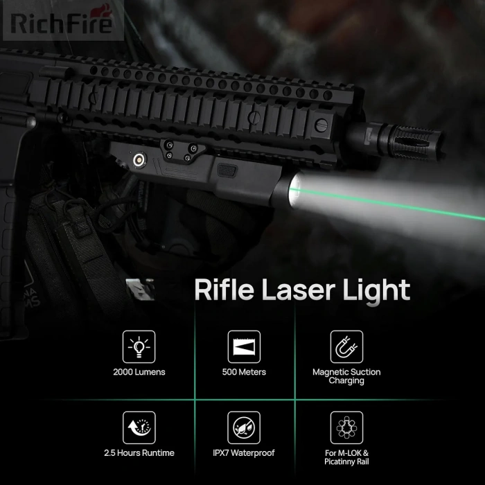 Richfire 1700 Lümen Tüfek Lazeri Yeşil + Fener Kombo Green Laser Light Laser Tactical Flashlight White Light Combo IP66 Waterproof Outdoor Light