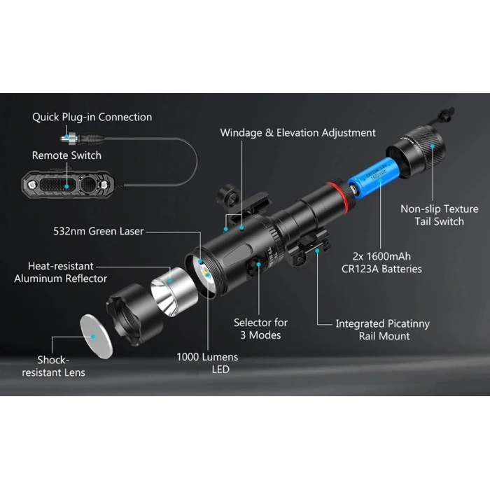 Richfire 1000 Lümen Yeşil Lazerli Tüfek Feneri , Long Distance Laser Sight with Light Combo Flashlight