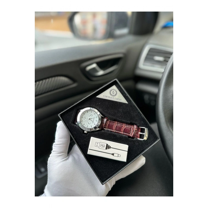 Şarj Edilebilir Çakmaklı Metal Kasa Deri Kordon Erkek Kol Saati