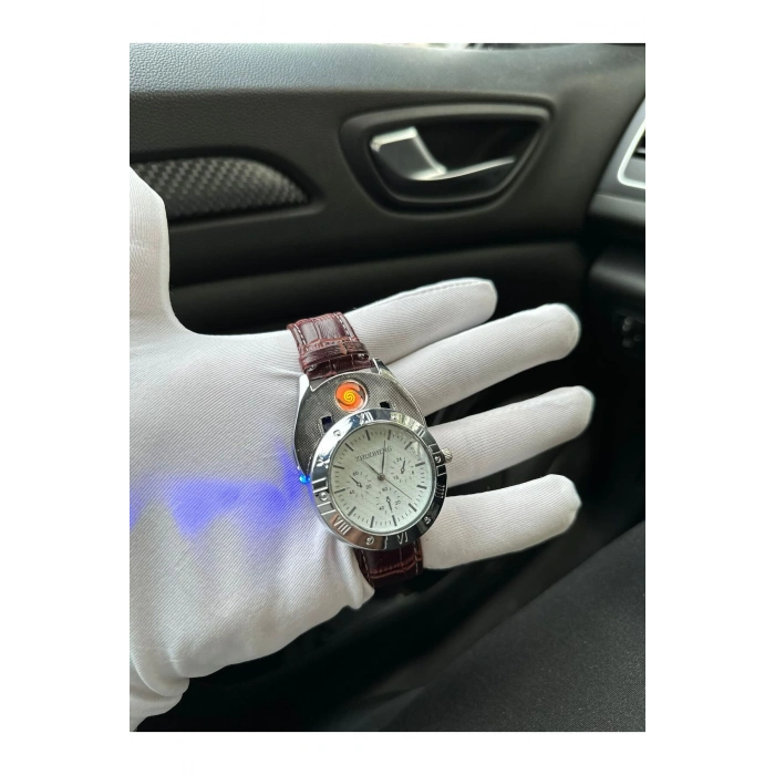 Şarj Edilebilir Çakmaklı Metal Kasa Deri Kordon Erkek Kol Saati