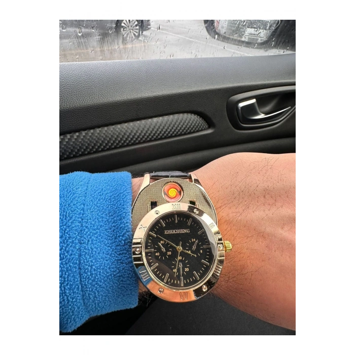 Şarj Edilebilir Çakmaklı Metal Kasa Deri Kordon Erkek Kol Saati