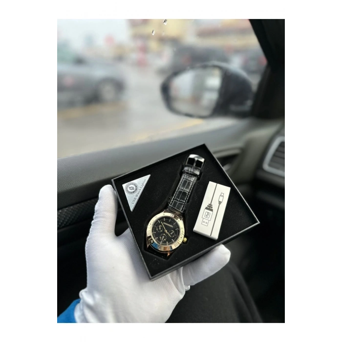 Şarj Edilebilir Çakmaklı Metal Kasa Deri Kordon Erkek Kol Saati