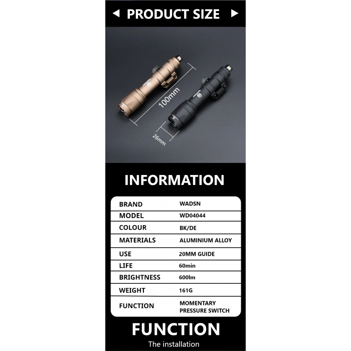 Tüfek Feneri 22mm Wadsn Metal M300W Strobe Scoutlight M600W el feneri avcılık silah feneri Airsoft kablolu metal fener 22 mm ray için