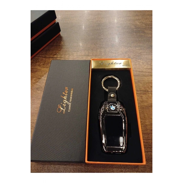 USB Şarjlı Bmw Anahtarı Görünümlü Fenerli Premium Elektronik Çakmak Bmw Anahtarlık (Siyah)