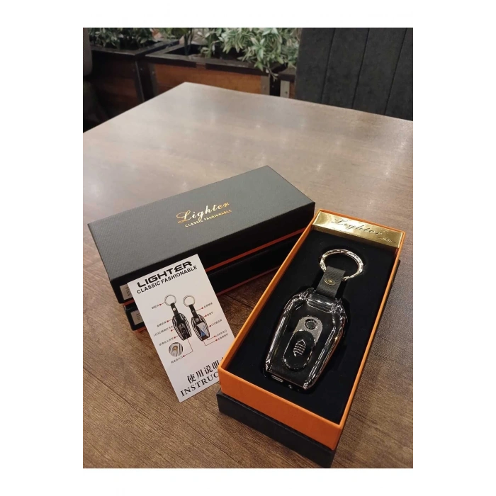 USB Şarjlı Bmw Anahtarı Görünümlü Fenerli Premium Elektronik Çakmak Bmw Anahtarlık (Siyah)