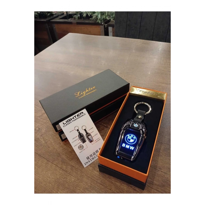 USB Şarjlı Bmw Anahtarı Görünümlü Fenerli Premium Elektronik Çakmak Bmw Anahtarlık (Siyah)