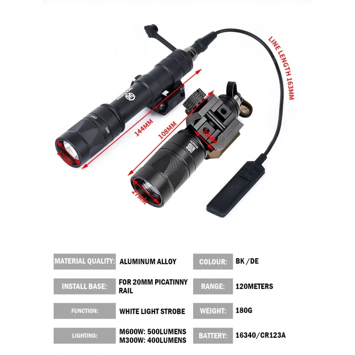Tüfek Feneri 22mm Wadsn Metal M300W Strobe Scoutlight M600W el feneri avcılık silah feneri Airsoft kablolu metal fener 22 mm ray için