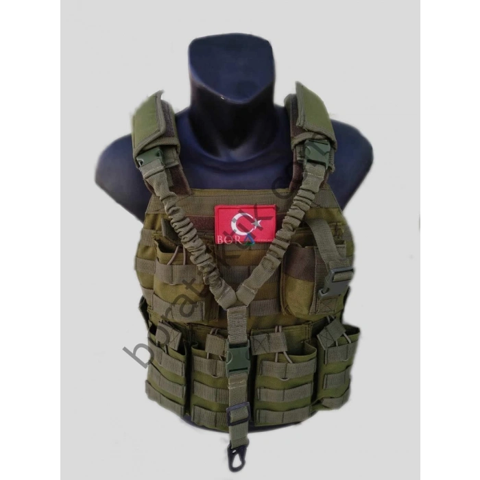 Yeşil Hücum Yeleği hk33 G3 MPT76 Ak47 Göbek Üstü (Plakalıklı)