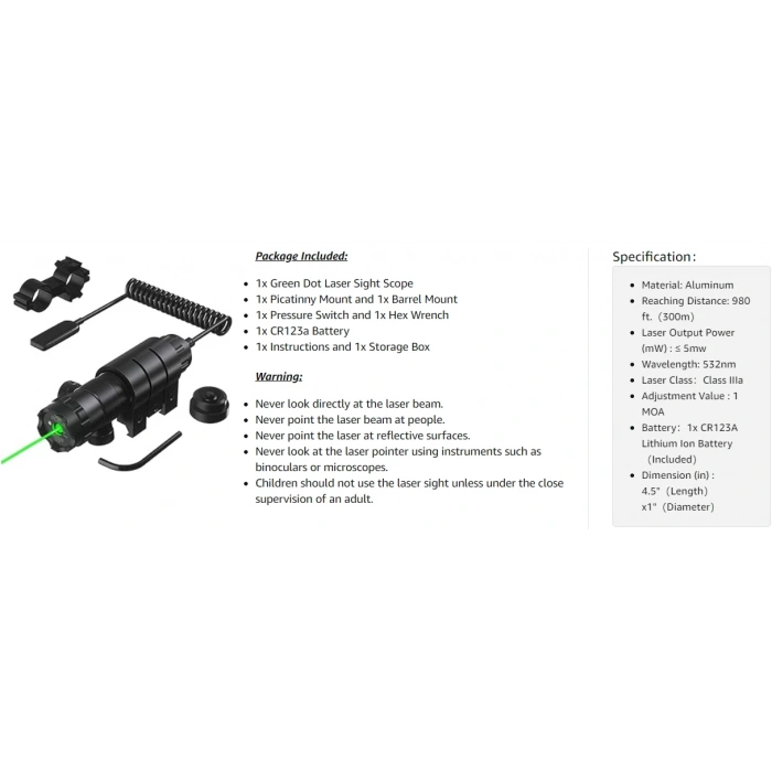 Yeşil Tüfek Lazeri Şarjlı ,Namlu Montaj Aparatlı ,Kablolu Tüfek Lazeri ,Ayarlanabilir Tüfek Lazeri 5 Parça