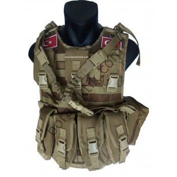 AK47 Kalaşnikof Hücum Yeleği Çölrengi Fileli 4lü (Plakalıklı)