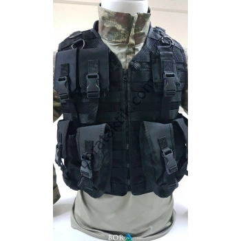 Keleş Hücum Yeleği 4lüı Fileli Fermuarlı Siyah (Plakalıklı)