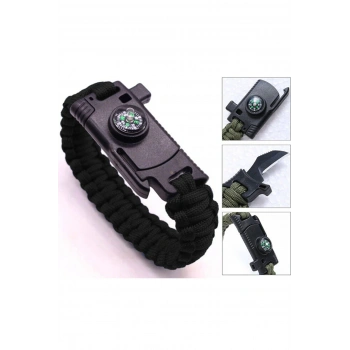 Paracord Bileklik Pusula, Bıçak, Düdük, Çakmak Taşı 22cm
