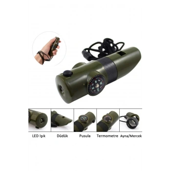 Pusulalı Fenerli Termometre Mercek Taktikal Düdük 7 Fonksiyonlu