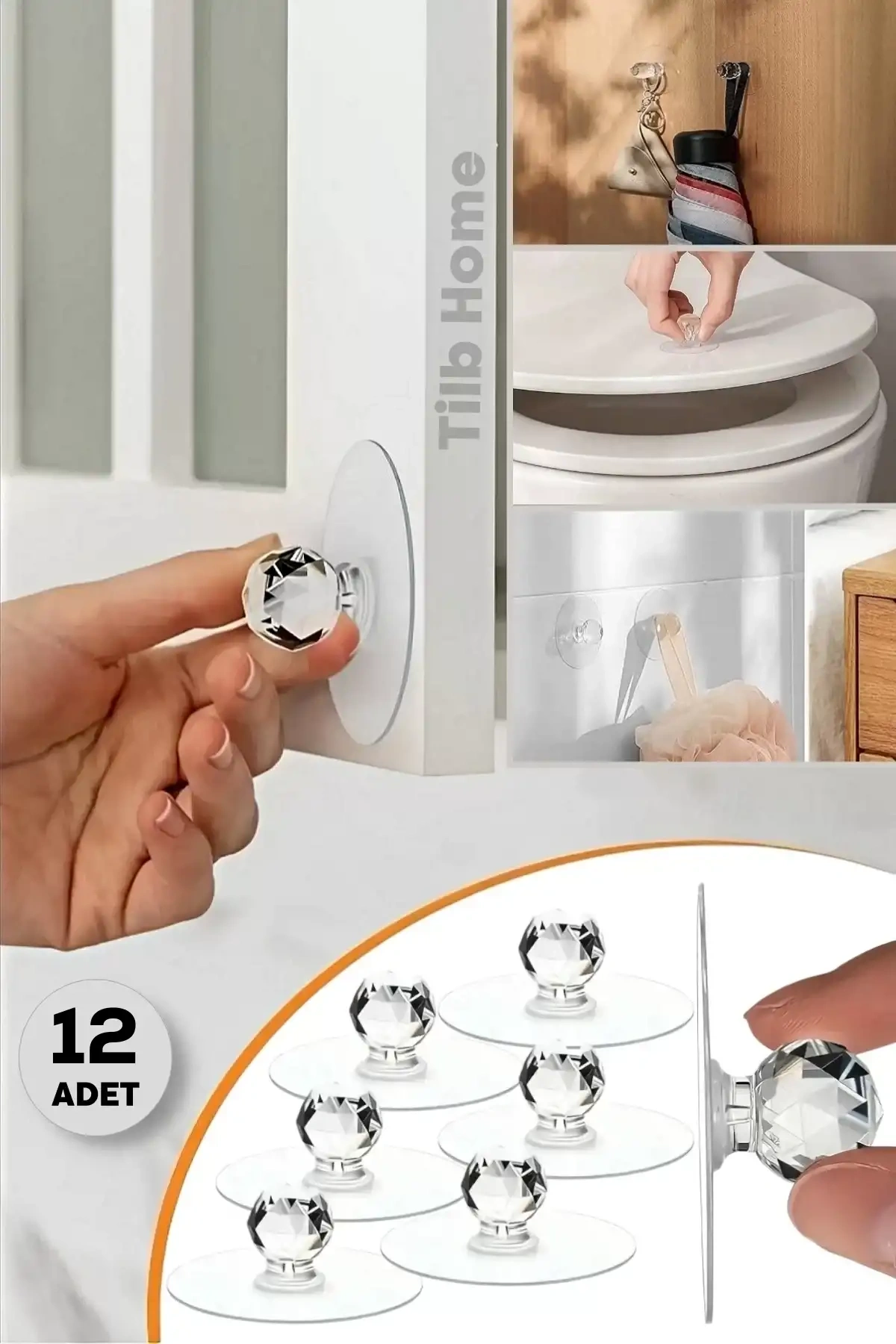 12li Güçlü Yapışkanlı Kristal Başlıklı Dolap Çekmece Ayna Klozet Kulbu