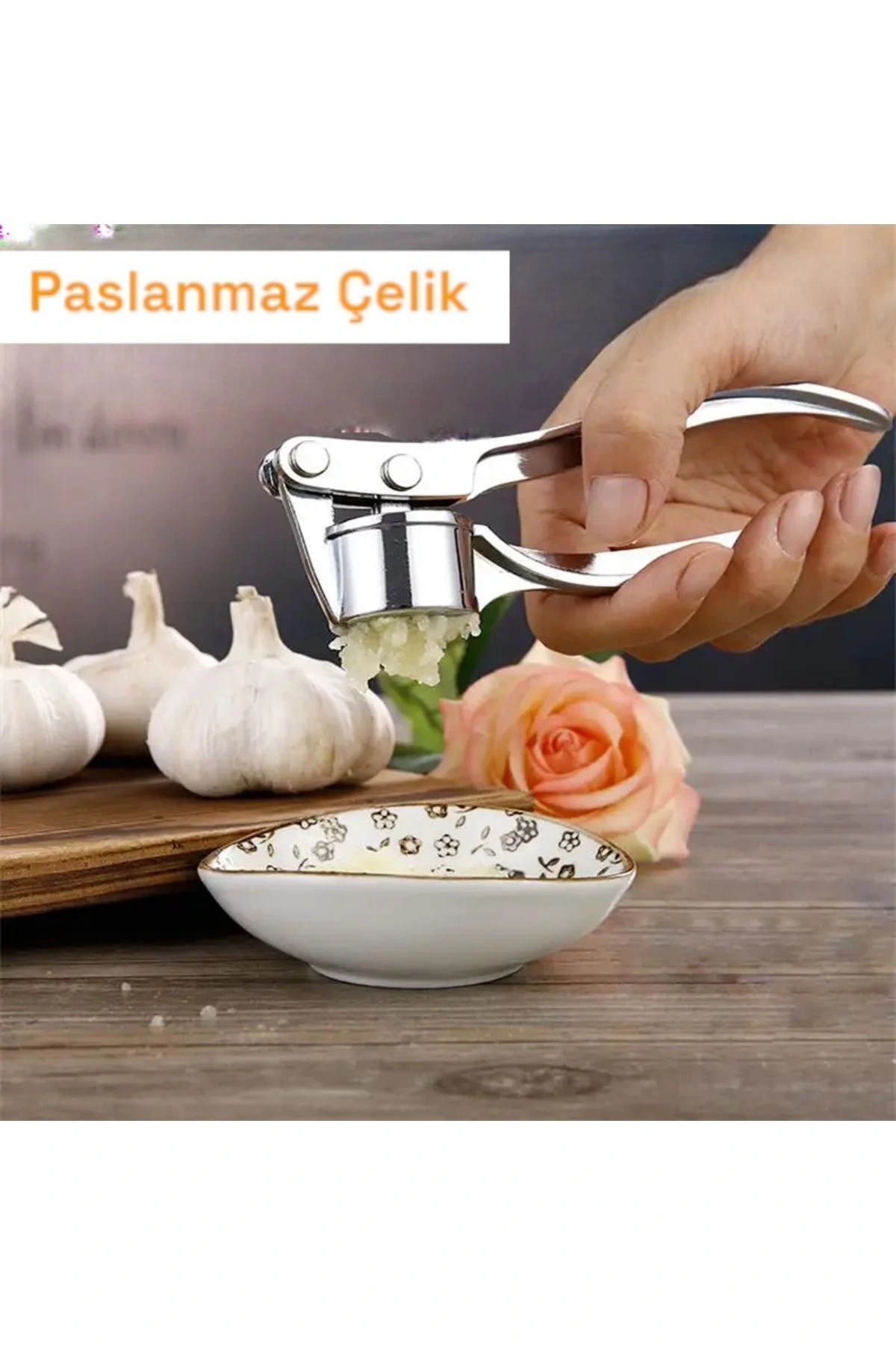 Hazneli Sarımsak Ezici Paslanmaz Çelik Pratik Çelik Sarımsak Ezici