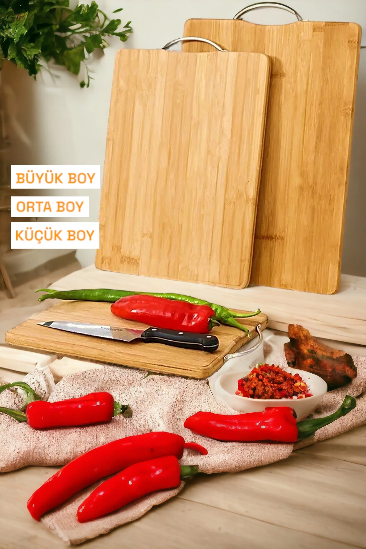 3 lü Bambu Kesim Tahtası Üç Boy Çelik Saplı Et Sebze Doğrama Tahtası