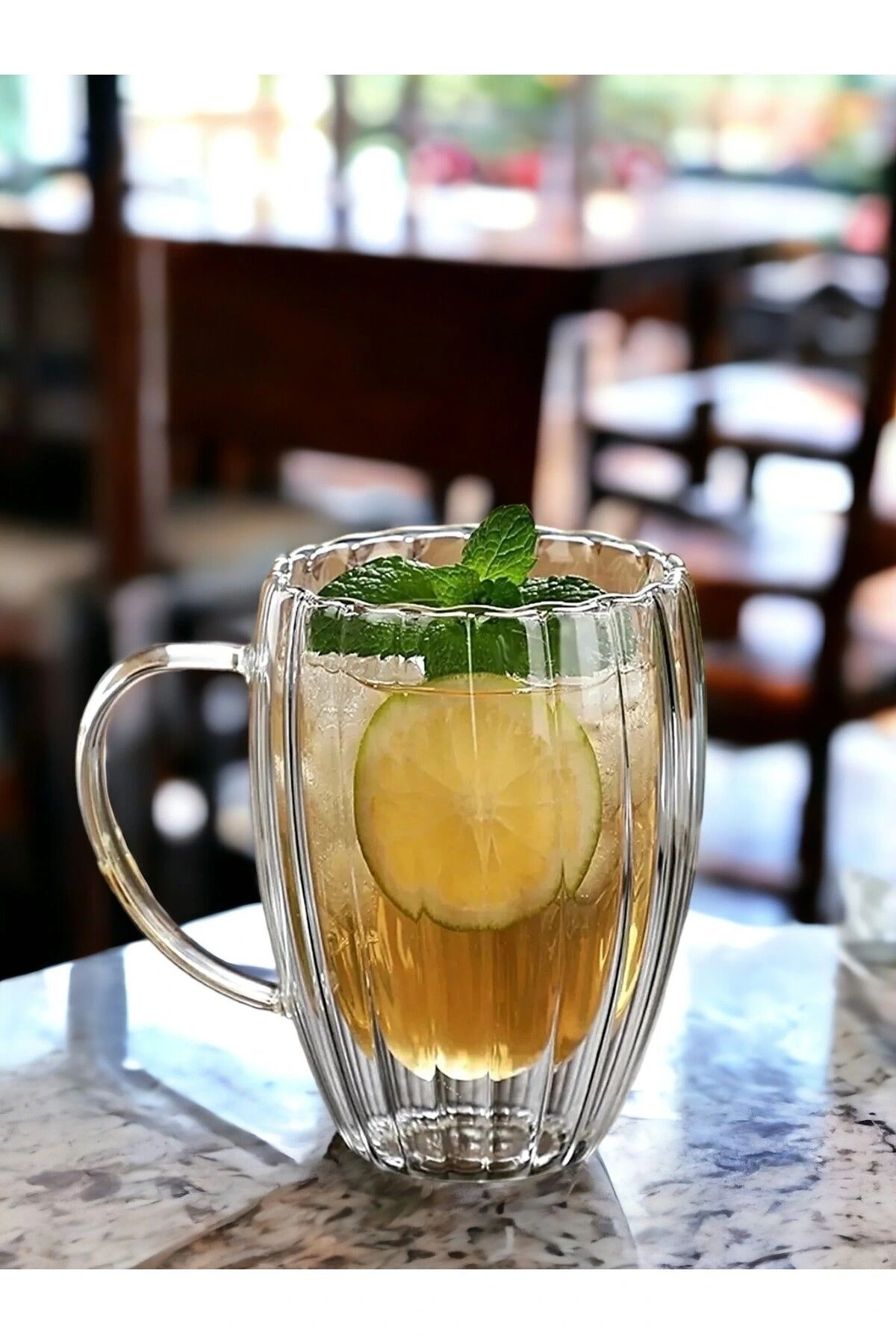 Çift Cidarlı Çift Camlı Kulplu Isıya Dayanıklı Borosilikat Bardak Burgulu Cam Bardak 1 Adet