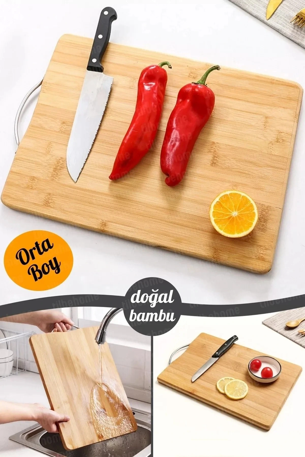 Bambu Kesme Tahtası Metal Saplı Orta Boy Bambu Kesme Tahtası 22x34