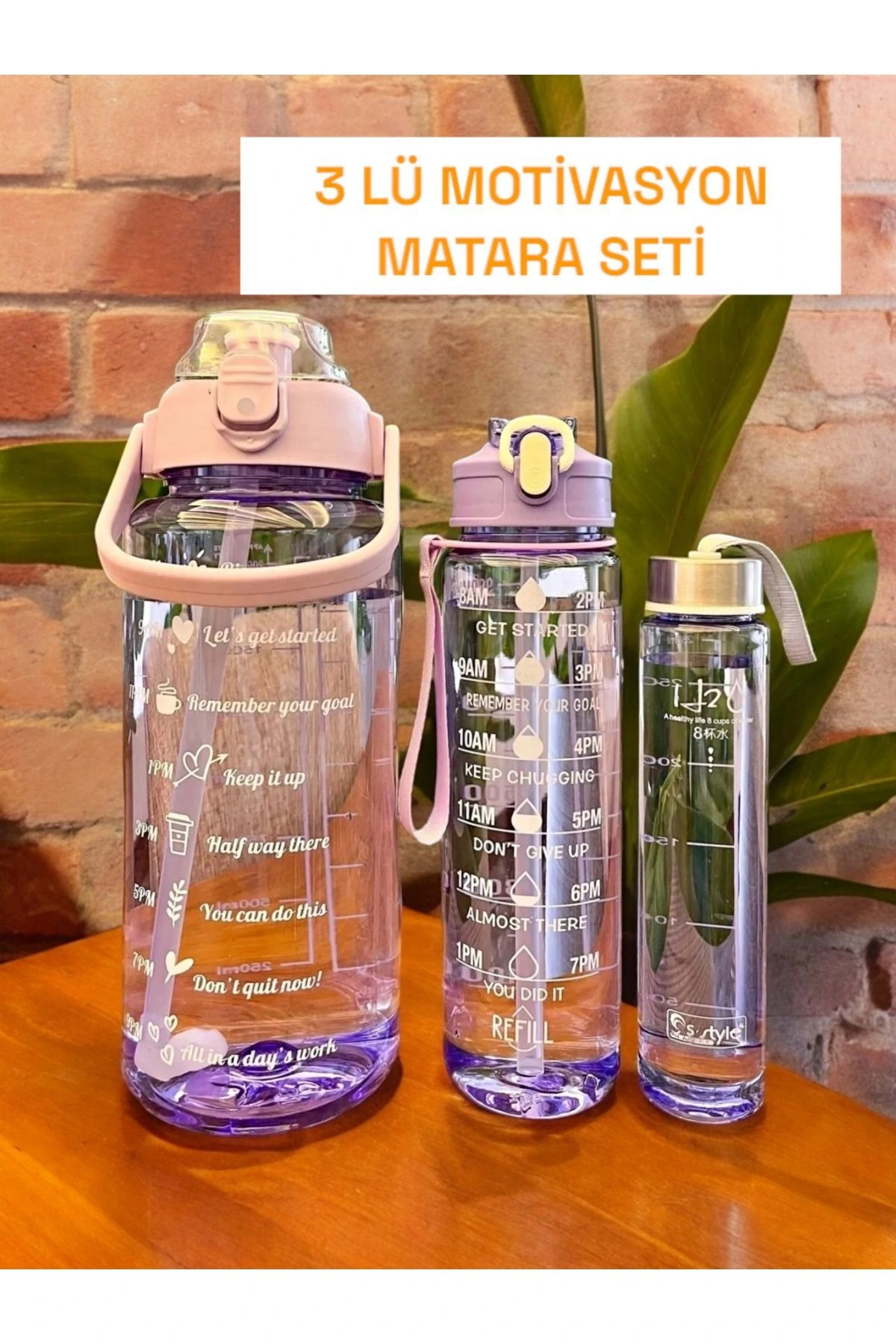 3lü Şeffaf Motivasyonel Su Matarası Su Şişesi Taşınabilir Matara Seti Sticker Hediyeli