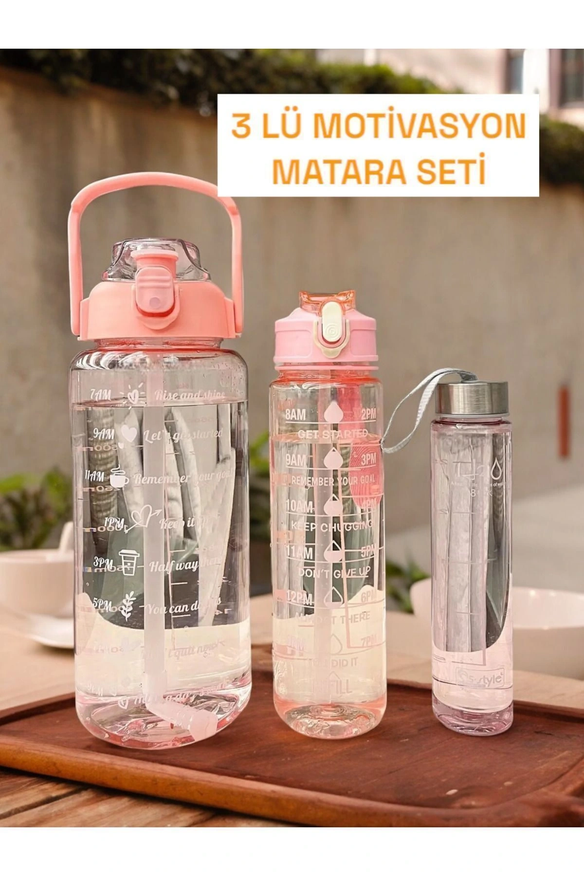 3lü Şeffaf Motivasyon Kokusuz Stickerlı Spor Suluk Matara Pipetli Taşınabilir Su Şişesi