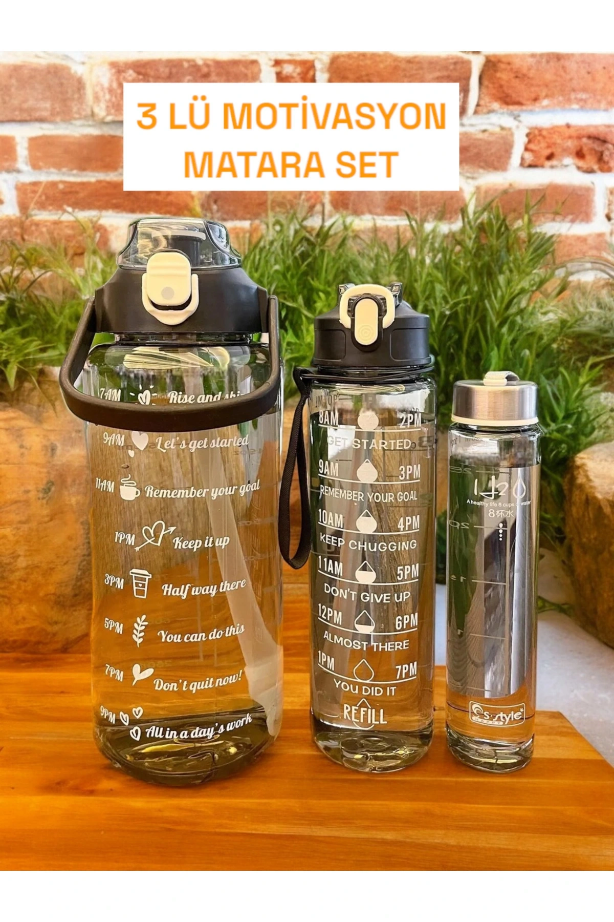 3lü Şeffaf Su Matarası Su Şişesi Taşınabilir Matara Suluk Seti