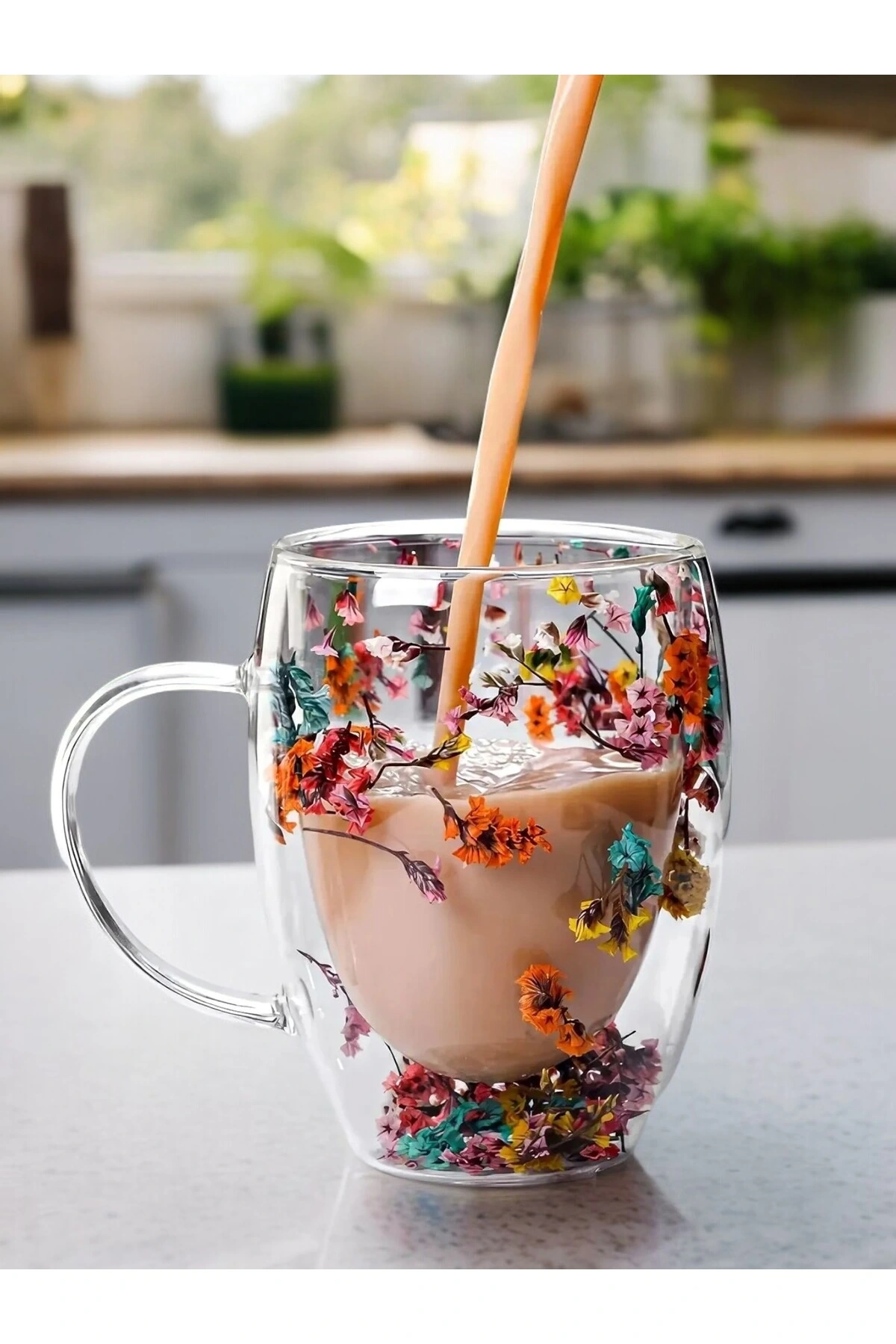 2li Çift Cidarlı Çiçekli Bardak Kahve 350ml.çay Bardağı Isıya Dayanıklı Kulplu Cam Bardak Seti