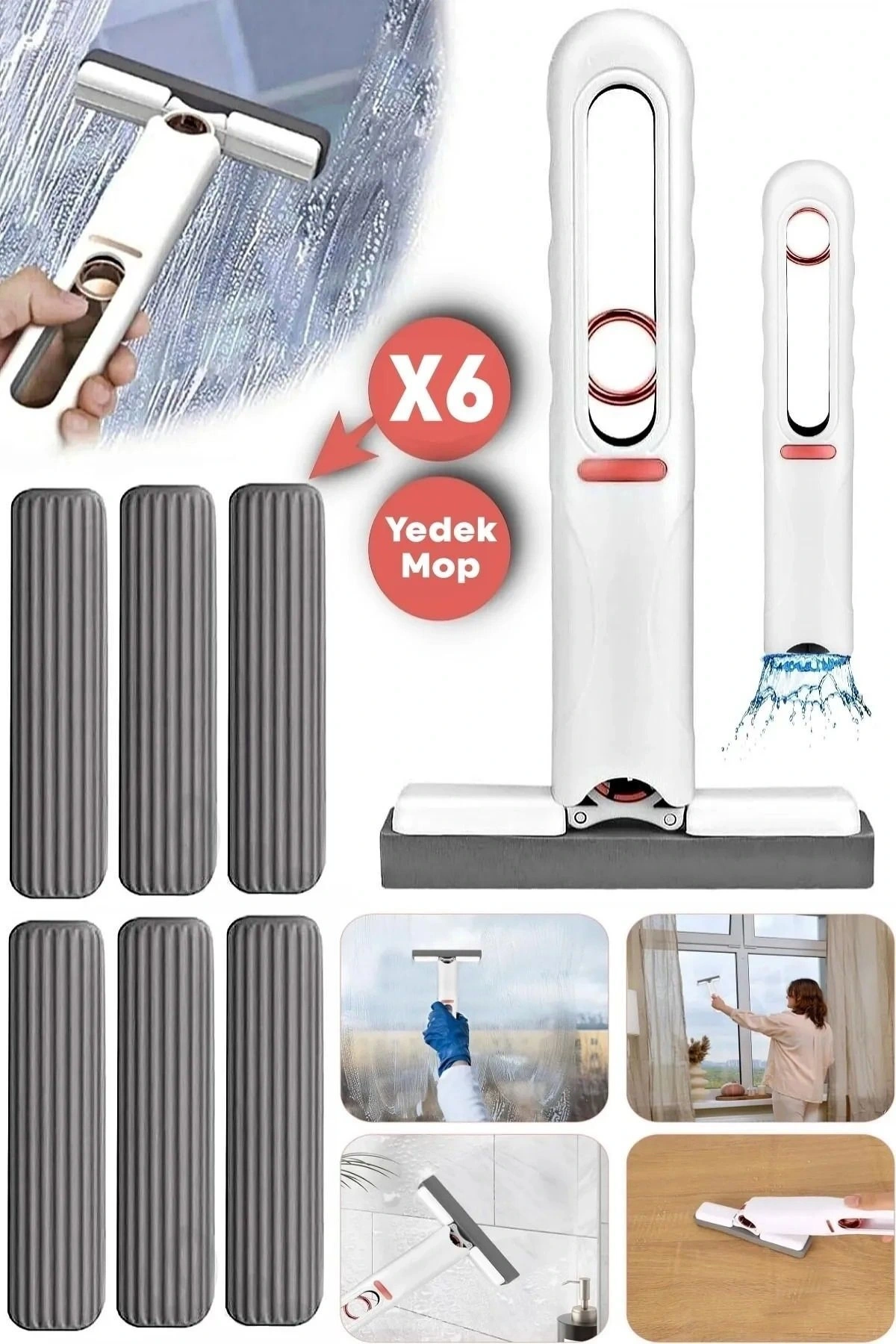 Taşınabilir Mini Mop Paspası Temizlik Süngeri Pencere Cam Zemin Silme + 6 Yedek Mop