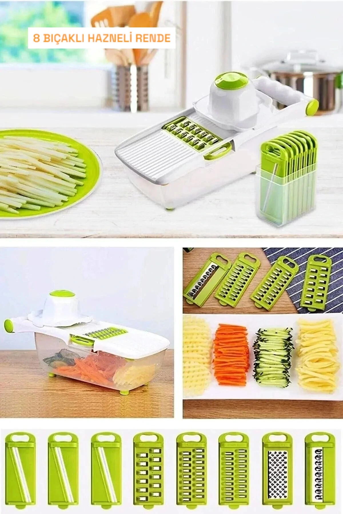 Hazneli 8 Bıçaklı Sebze Dilimleyici Doğrayıcı Rende Kesici Mandolin Beyaz Yeşil Rende Seti
