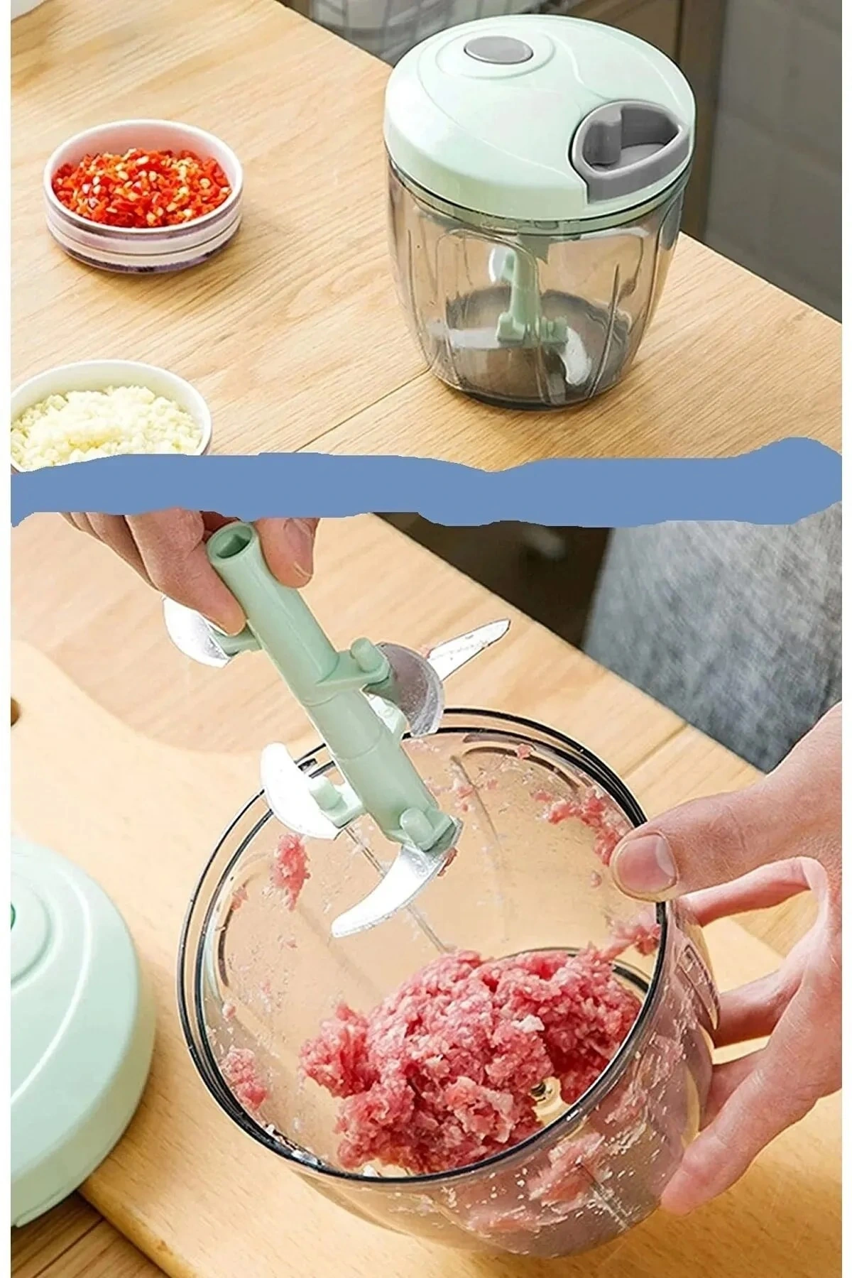 Paslanmaz 5 Bıçaklı Büyük Boy Ipli El Rondosu Ip Çekmeli Meyve Sebze Doğrayıcı Soğan Doğrama