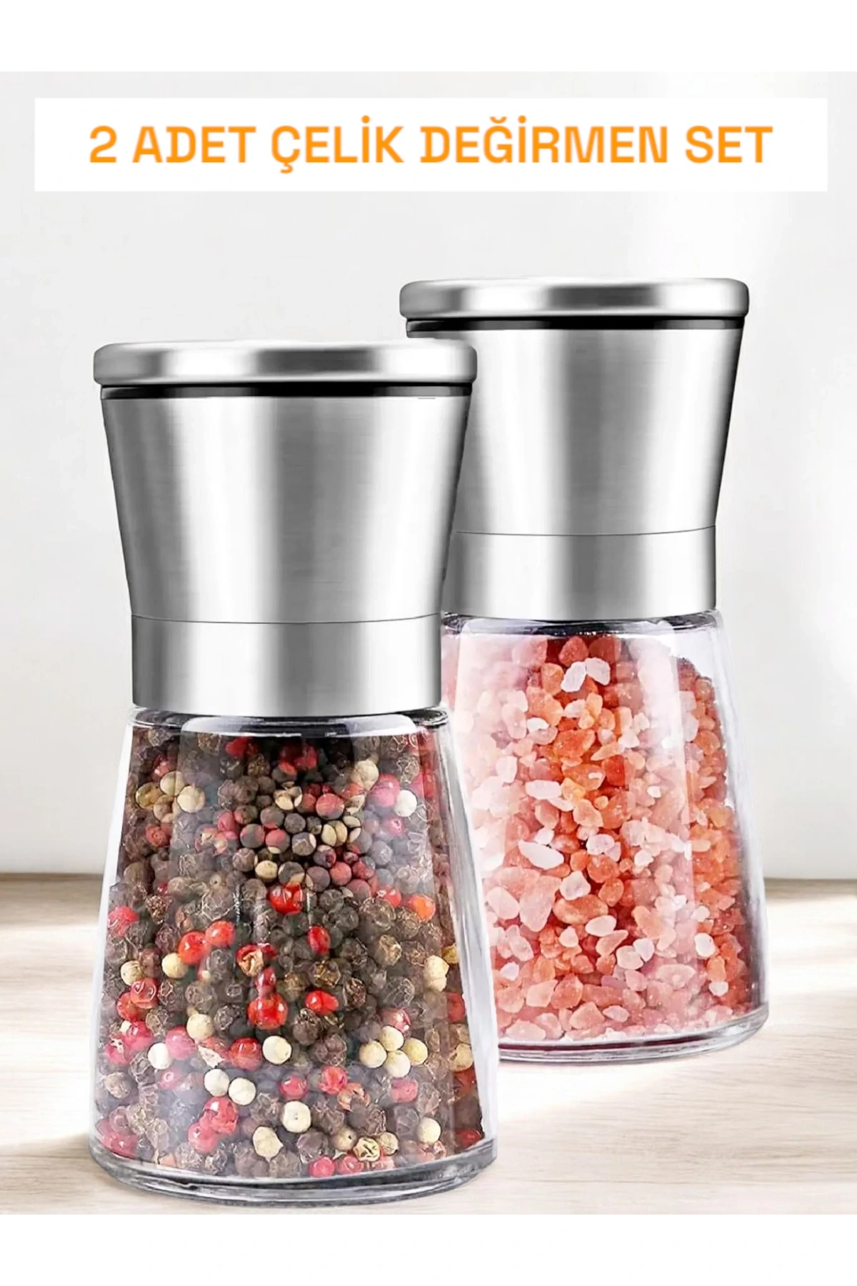 2 Adet Karabiber Tuz Değirmeni Seramik Bıçaklı Çelik Başlı  Öğütücü Baharat Öğütücü