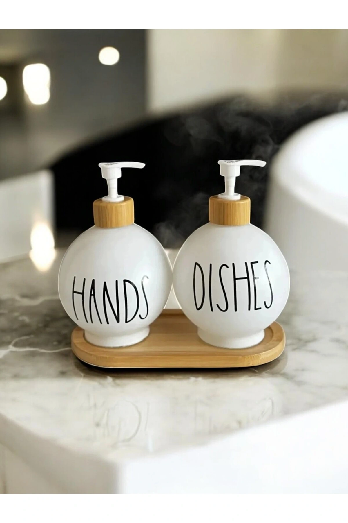 2’li Sabunluk Dekoratif Mutfak Banyo Sıvı Cam Sabunluk Seti 550ml Bambu Stantlı Set