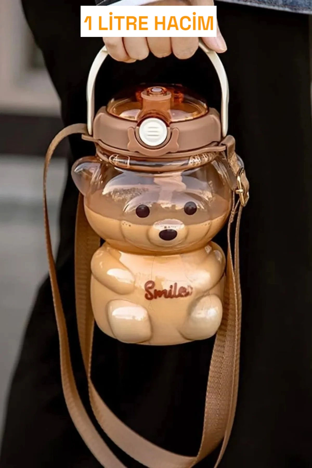 Smile Ayıcık Su Matarası 1000ml Askılı Okul Çocuk Su Şişesi Pipetli Sızdırmaz Kokusuz Suluk