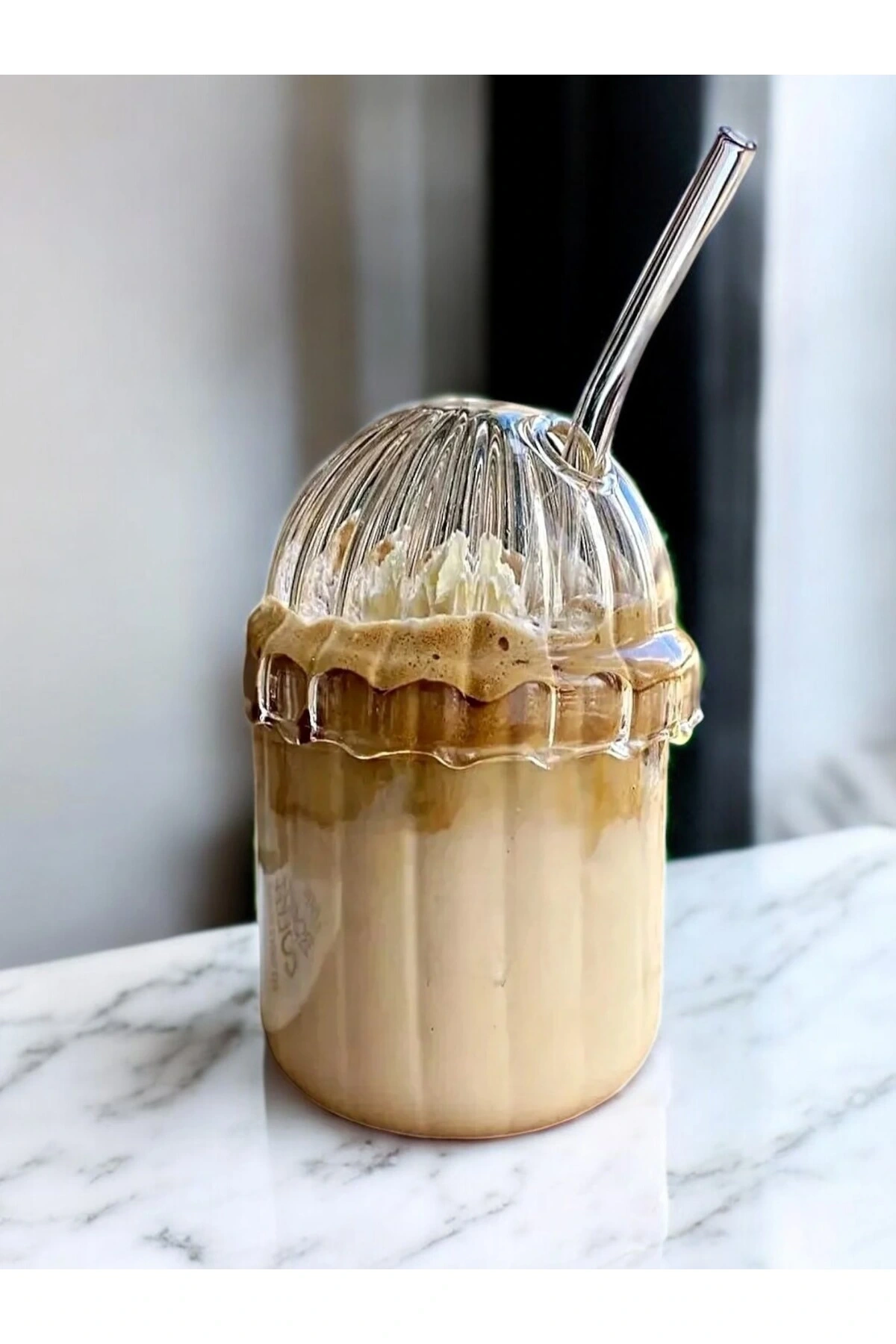 Oval Cam Kapaklı Isıya Dayanıklı Pinterest Çizgili Bardak Kahve Sunum Bardağı 430ml