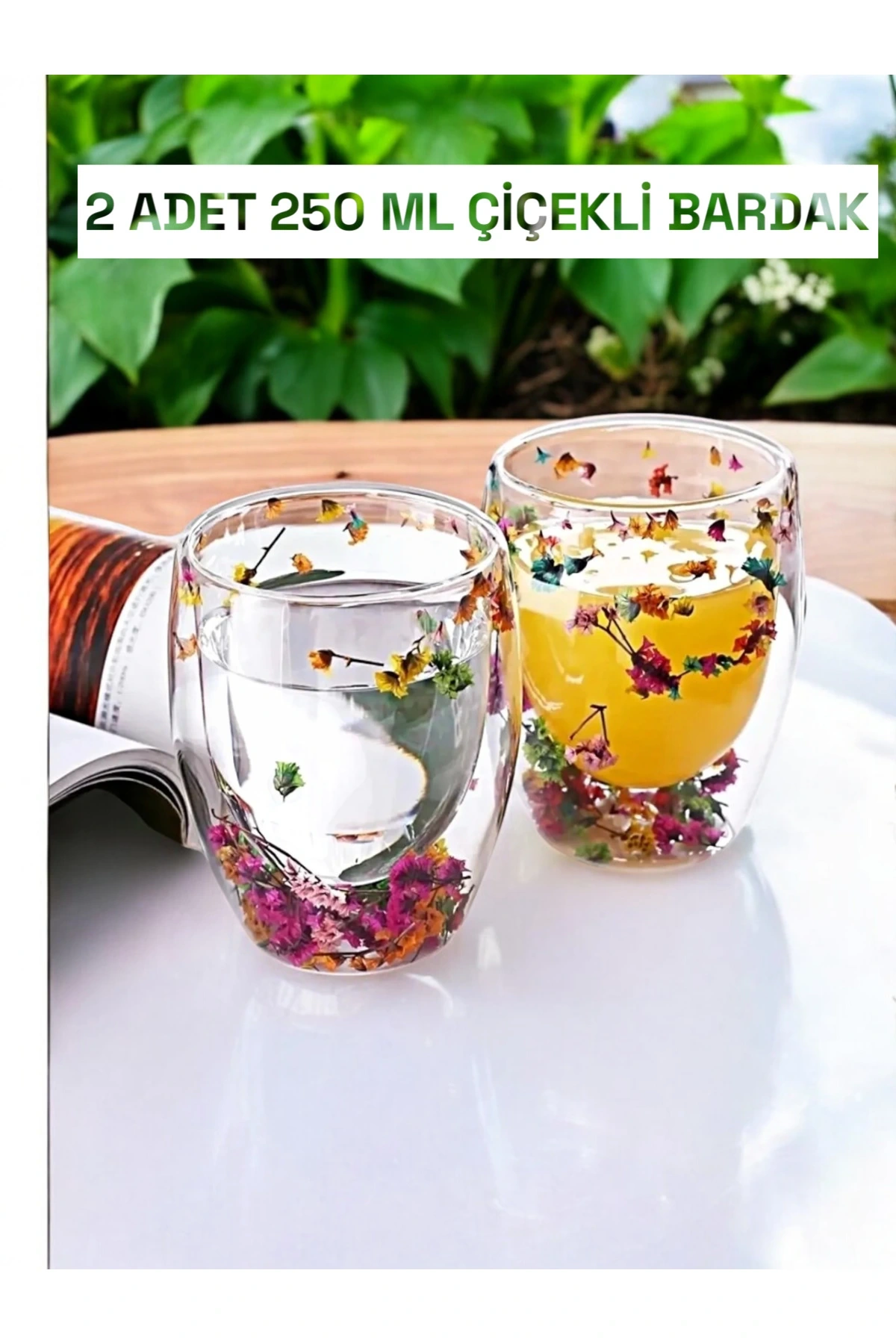 2li Çift Cidarlı 250ml Çiçekli Bardak Kahve Çay Bardağı El Yapımı Cam Bardak Seti