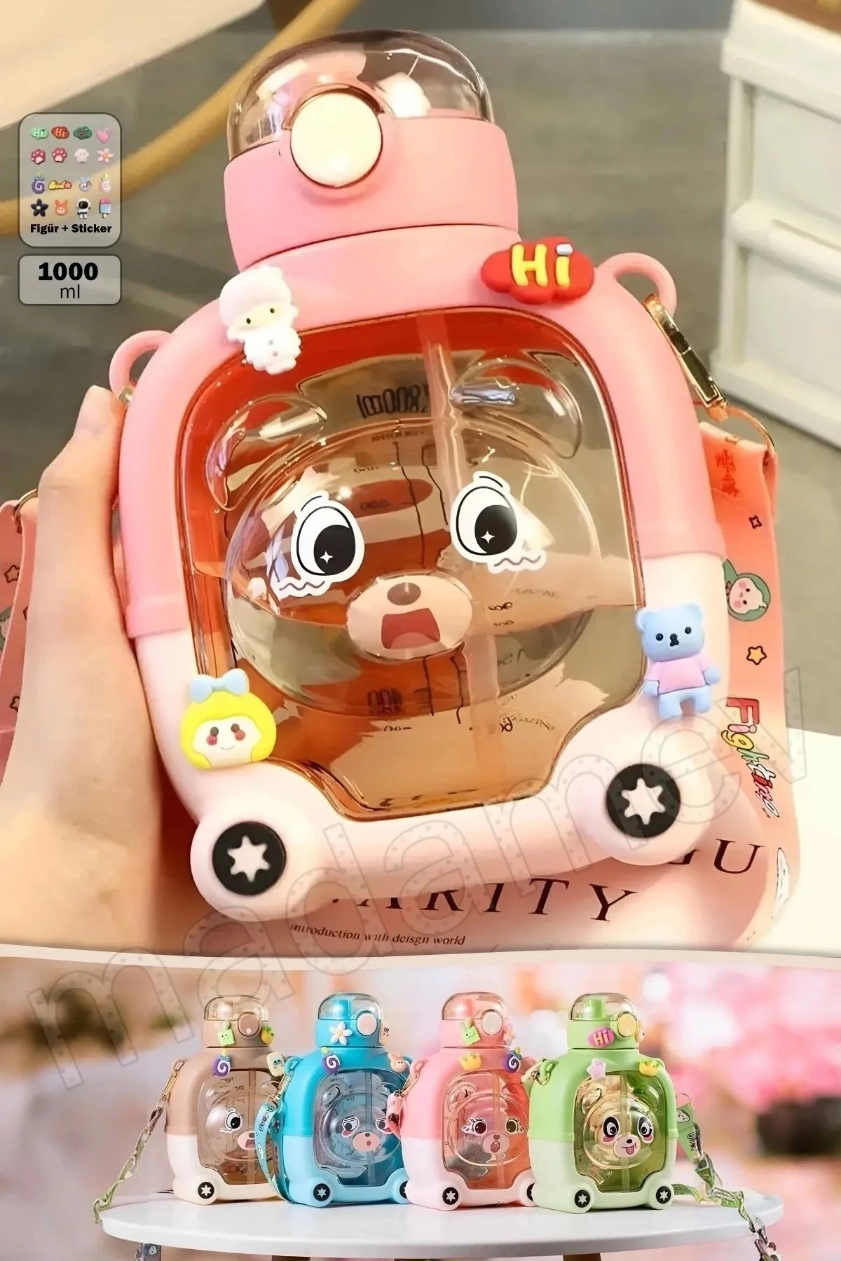 Smile Ayıcık Su Matarası Suluk Pembe Okul Kapaklı Su Şişesi Sticker Hediyeli 1000 ml