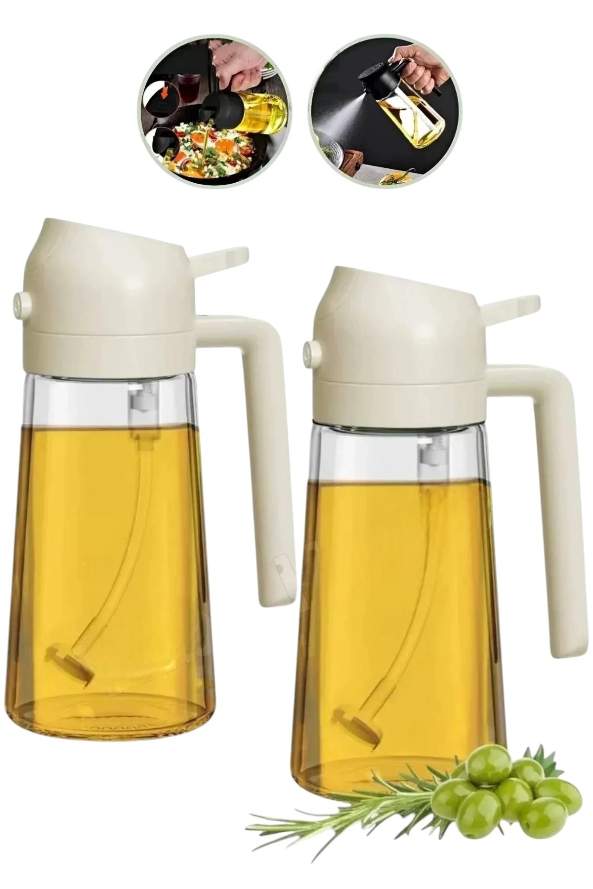 2 Li Sprey Yağdanlık Cam Yağdanlık 450ml  Şişe Sprey Airfryer Yağlık Sirkelik Krem Renk
