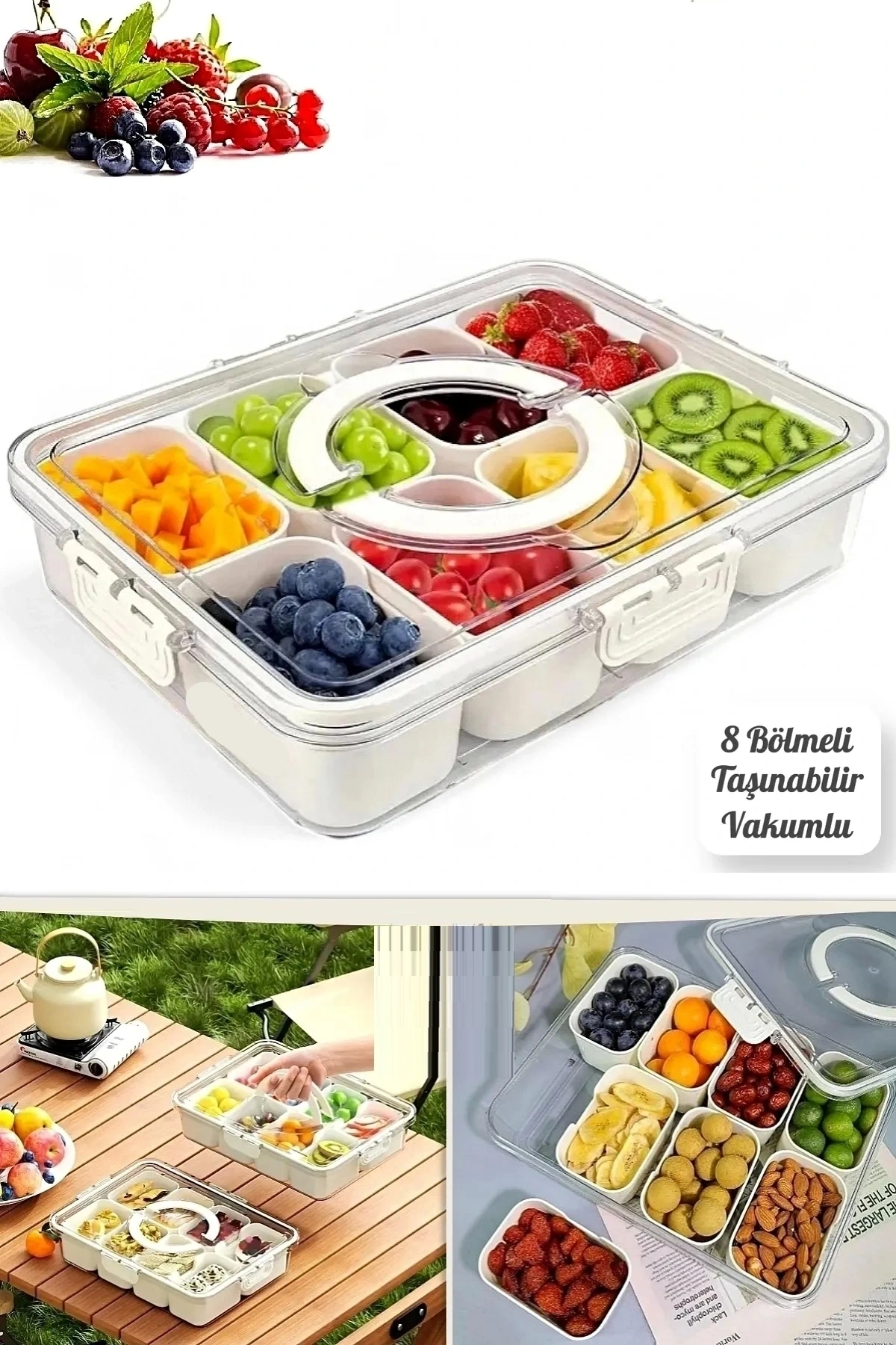 8 Bölmeli Kapaklı Kilit Taşınabilir Saklama Kabı Kahvaltılık Organizer Piknik Seti Gıda Kutusu
