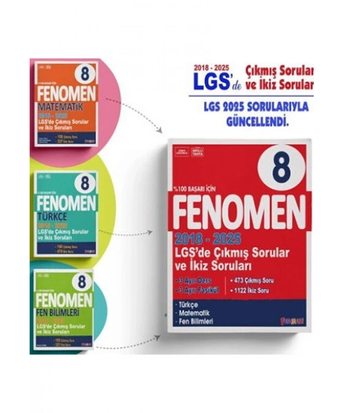 Fenomen Okul Yayınları 8. Sınıf LGS Çıkmış Sorular ve İkiz Soruları Seti 2018 2025 Türkçe Matematik Fen