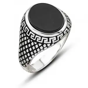 ​gümüş Oniks Taşlı Desenli Erkek Yüzük