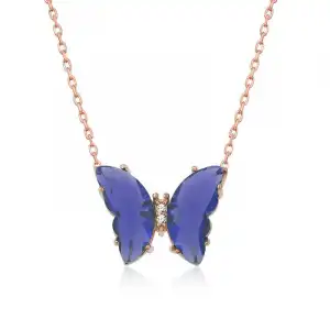 ​gümüş Rose Mavi Cam Kelebek Kolye