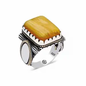 ​gümüş Sarı Sıkma Kehribar Taşlı Kare Erkek Yüzük