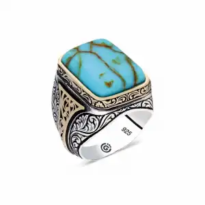 ​gümüş Turkuaz Çizgi Geçişli Taşlı Kare Erkek Yüzük