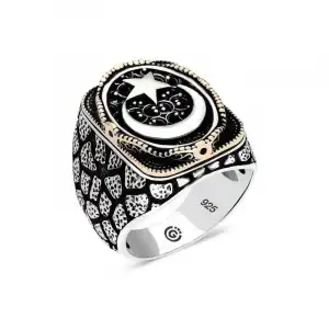 Gümüş Ay Yıldız Oval Erkek Yüzük