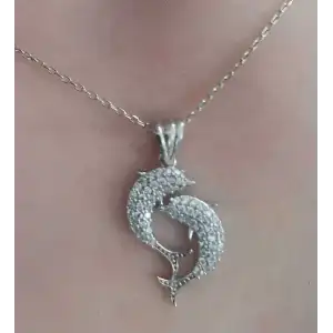 Gümüş Çift Yunus Balığı Kadın Kolye