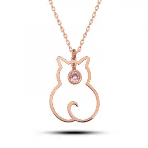 Gümüş Ekim Ayı Doğum Taşı Kedi Kadın Kolye