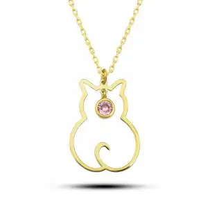 Gümüş Ekim Ayı Doğum Taşı Kedi Kadın Kolye