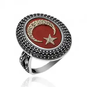 Gümüş Göktürkçe Alfabesi Yazılı Ay Yıldız Bayan Yüzük