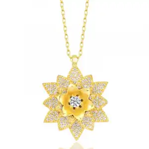 Gümüş Gold Beyaz Taşlı Lotus Çiçeği Kadın Kolye