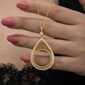 Gümüş Gold Kaplama Damla Yarım Altın Takılabilen Kadın Kolye